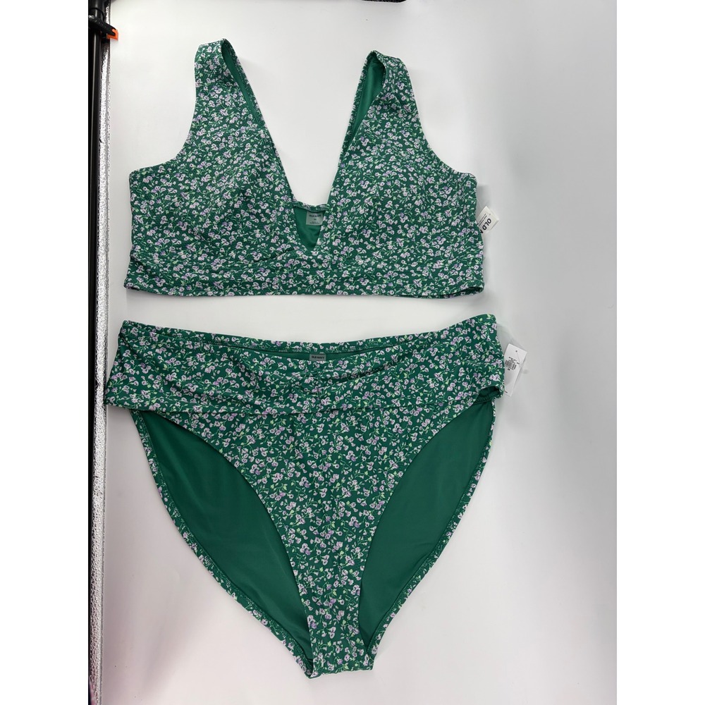 Old Navy Womens 3X Green Floral‎ Bikini Set High Waist V-Neck Two Piece NWT